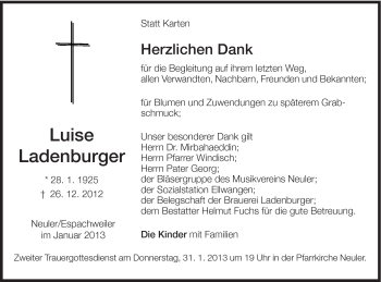 Traueranzeige von Luise Ladenburger von Schwäbische Post