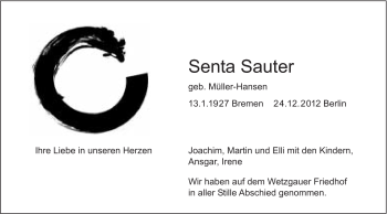 Traueranzeige von Senta Sauter von Gmünder Tagespost