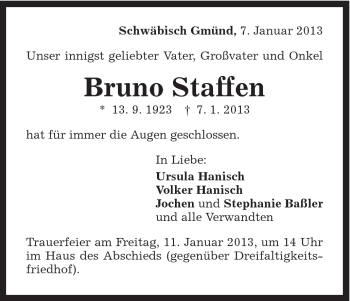 Traueranzeige von Bruno Staffen von Gmünder Tagespost