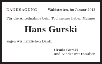 Traueranzeige von Hans Gurski von Gmünder Tagespost