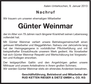 Traueranzeige von Günter Weinmar von Schwäbische Post