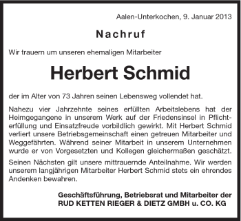 Traueranzeige von Herbert Schmid von Schwäbische Post
