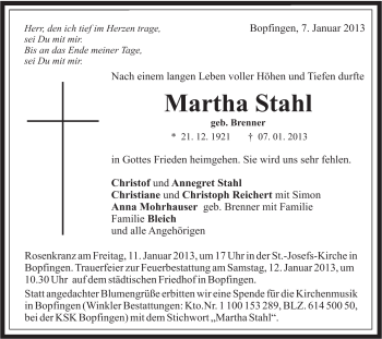 Traueranzeige von Martha Stahl von Schwäbische Post