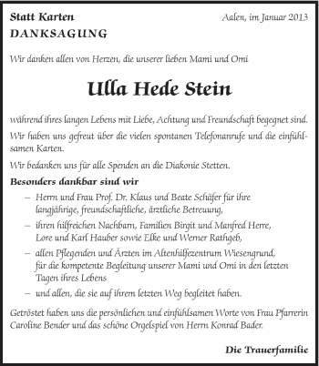 Traueranzeige von Ulla Hede Stein von Schwäbische Post