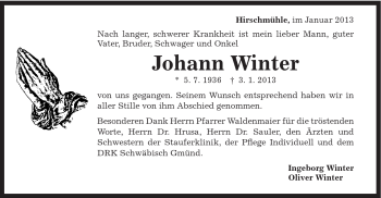 Traueranzeige von Johann Winter von Gmünder Tagespost