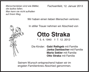 Traueranzeige von Otto Straka von Schwäbische Post