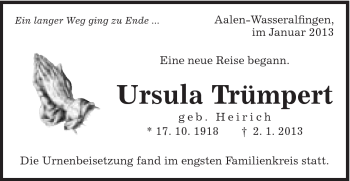 Traueranzeige von Ursula Trümpert von Schwäbische Post