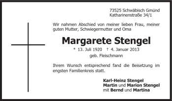 Traueranzeige von Margarete Stengel von Gmünder Tagespost