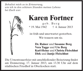 Traueranzeige von Karen Fortner von Schwäbische Post