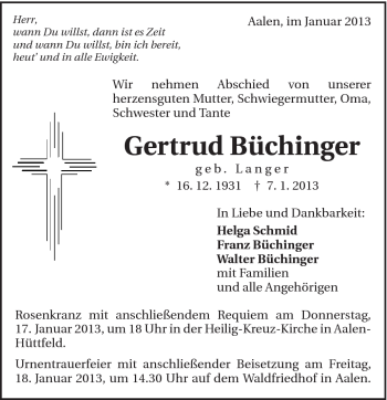 Traueranzeige von Gertrud Büchinger von Schwäbische Post
