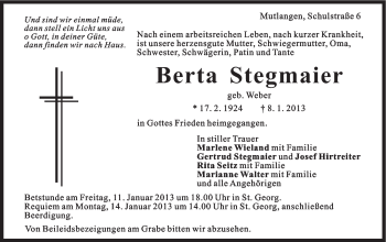 Traueranzeige von Berta Stegmaier von Gmünder Tagespost