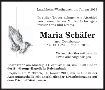 Traueranzeige von Maria Schäfer von Schwäbische Post