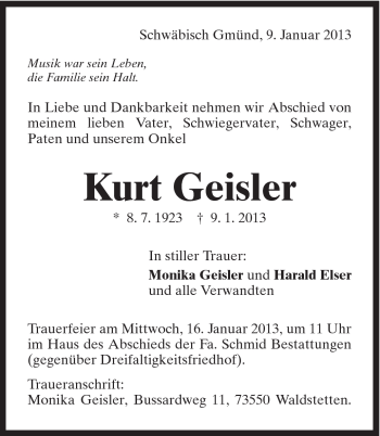 Traueranzeige von Kurt Geisler von Gmünder Tagespost