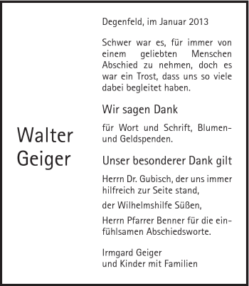 Traueranzeige von Walter Geiger von Gmünder Tagespost