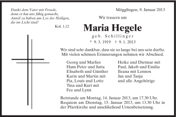 Traueranzeige von Maria Hegele von Gmünder Tagespost