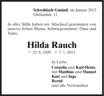 Traueranzeige von Hilda Rauch von Gmünder Tagespost