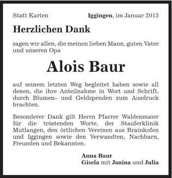 Traueranzeige von Alois Baur von Gmünder Tagespost