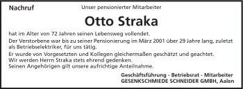 Traueranzeige von Otto Straka von Schwäbische Post