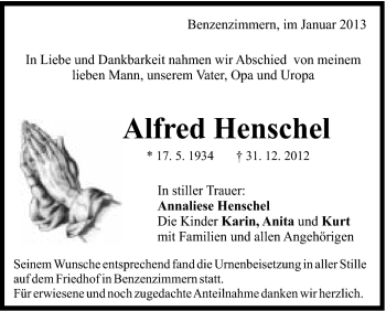 Traueranzeige von Alfred Henschel von Schwäbische Post
