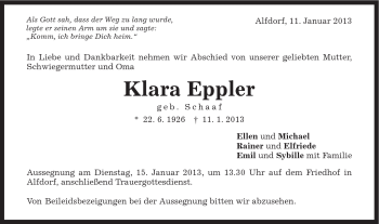 Traueranzeige von Klara Eppler von Gmünder Tagespost