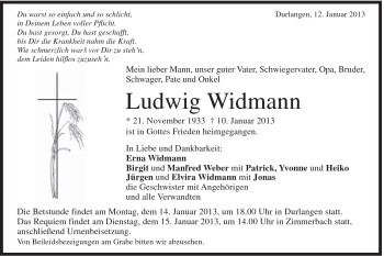 Traueranzeige von Ludwig Widmann von Gmünder Tagespost