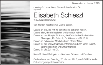 Traueranzeige von Elisabeth Schieszl von Schwäbische Post