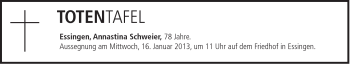 Traueranzeige von Annastasia Schweier von Schwäbische Post