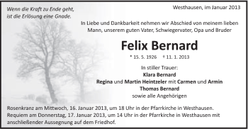 Traueranzeige von Felix Bernard von Schwäbische Post