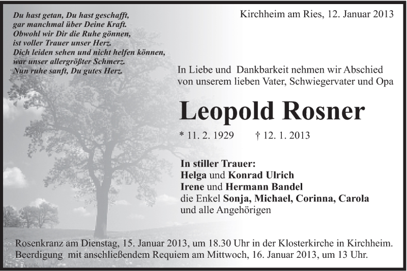  Traueranzeige für Leopold Rosner vom 14.01.2013 aus Schwäbische Post