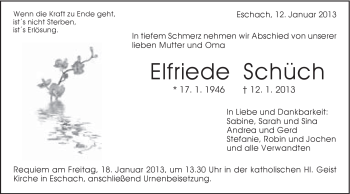 Traueranzeige von Elfriede Schüch von Gmünder Tagespost