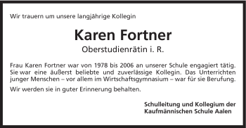 Traueranzeige von Karen Fortner von Schwäbische Post