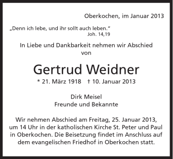 Traueranzeige von Gertrud Weidner von Schwäbische Post