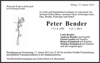 Traueranzeige von Peter Bender von Gmünder Tagespost