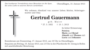 Traueranzeige von Gertrud Gauermann von Schwäbische Post