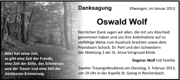 Traueranzeige von Oswald Wolf von Schwäbische Post