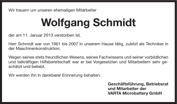 Traueranzeige von Wolfgang Schmidt von Schwäbische Post