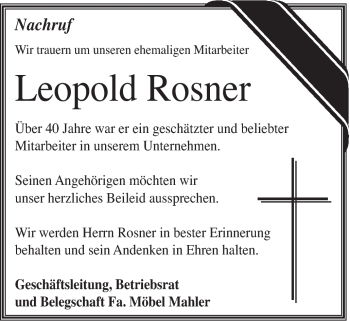 Traueranzeige von Leopold Rosner von Schwäbische Post