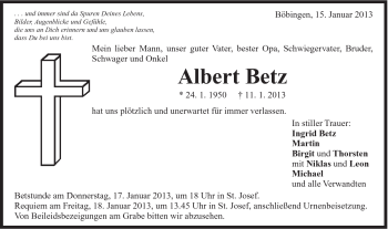 Traueranzeige von Albert Betz von Gmünder Tagespost