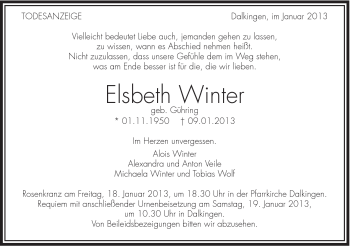 Traueranzeige von Elsbeth Winter von Schwäbische Post