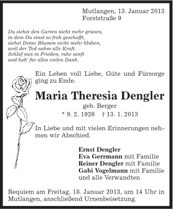 Traueranzeige von Maria Theresia Dengler von Gmünder Tagespost