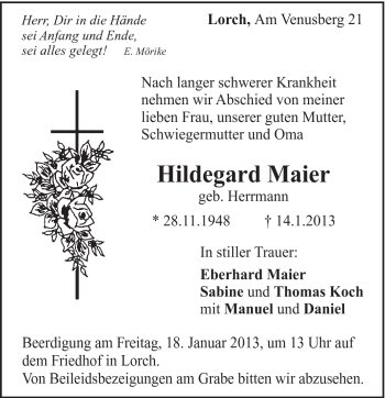 Traueranzeige von Hildegard Maier von Gmünder Tagespost