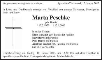 Traueranzeige von Marta Peschke von Gmünder Tagespost