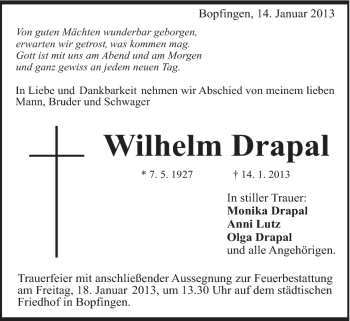 Traueranzeige von Wilhelm Drapal von Schwäbische Post