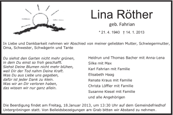 Traueranzeige von Lina Röther von 020