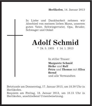Traueranzeige von Adolf Schmid von Gmünder Tagespost
