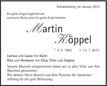 Traueranzeige von Martin Köppel von Schwäbische Post