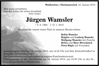 Traueranzeige von Jürgen Wamsler von Gmünder Tagespost