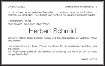 Traueranzeige von Herbert Schmid von Schwäbische Post