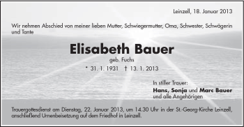 Traueranzeige von Elisabeth Bauer von Gmünder Tagespost