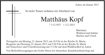 Traueranzeige von Matthäus Kopf von Schwäbische Post
